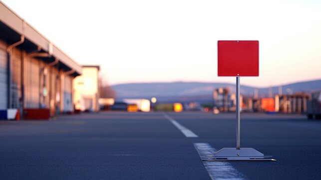 A red square sign stands on a paved road with industrial buildings on the left and blurred mountains in the background at sunset.