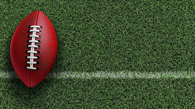 A close-up of an American football resting on a white line on green artificial turf.