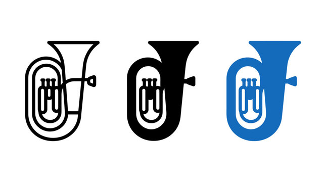 Set of three tuba instrument icons in outline solid and blue style with instrument orchestra isolated