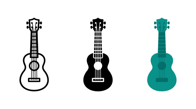 Set of three ukulele string instrument icons featuring a cyan colored version in different styles