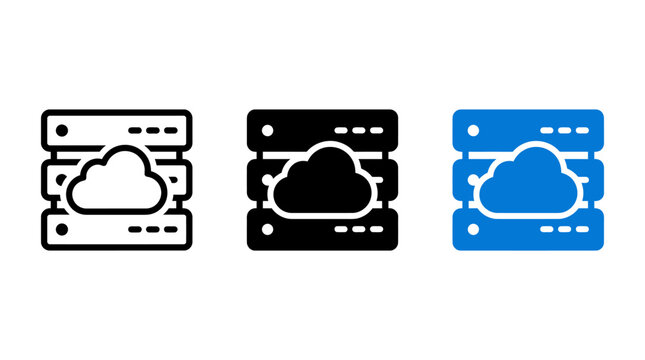 Set of cloud storage server icons in three different design styles with computing technology database