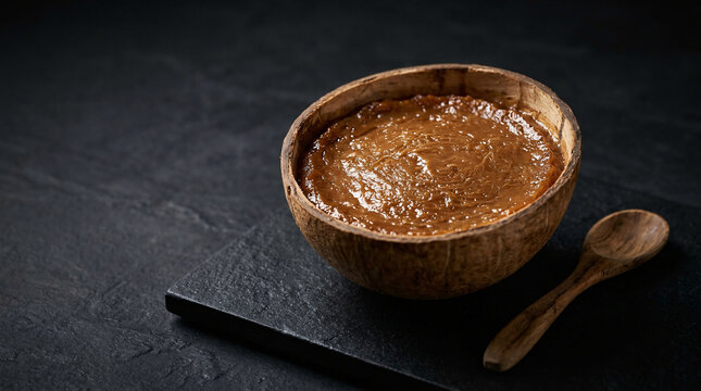 Rich Brown Coconut and Caramel Dessert Filling in Rustic Wooden Bowl with Spoon on Dark Stone Background and Copy Space