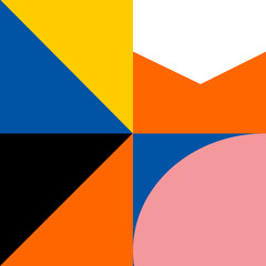 A striking modern image featuring a balanced grid composition of bold geometric shapes, including vibrant blue, yellow, orange, and a soft pink curve on a clean background. © Rafia