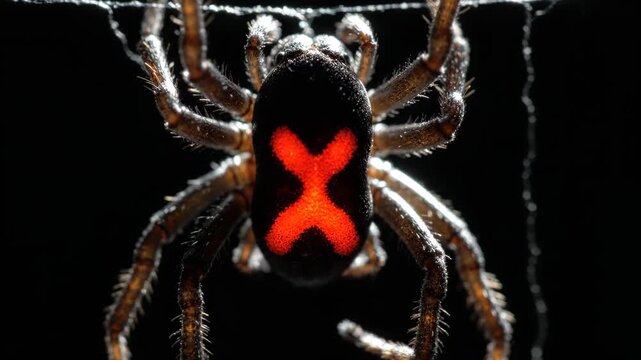 Black widow spider macro shot on web with dark background and studio
