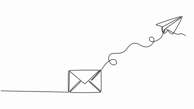 Flying paper plane and letter envelope one line drawing continuous minimalism animation motion graphics, Editable One Line Paper Plane and Email Animation self drawing vector on white background.