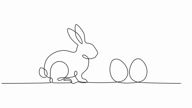 Continuous one line drawing of Easter bunny and egg.   a simple linear style. Minimal linear video, hand drawn paschal rabbit continuous contour motion graphic holiday design, festive decoration,