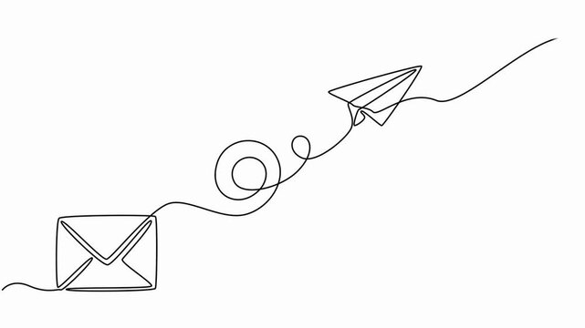Flying paper plane and letter envelope one line drawing continuous minimalism animation motion graphics, Editable One Line Paper Plane and Email Animation self drawing vector on white background.