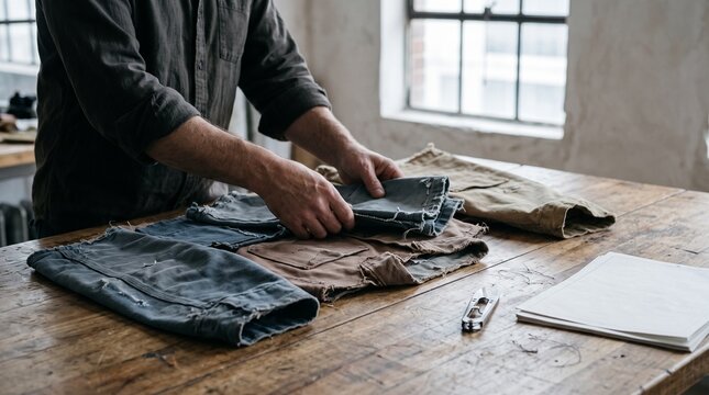 Hands sort worn workwear panels for a repair remake