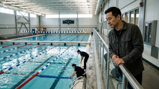 Aquatics supervisor checks lap pool lane alignment