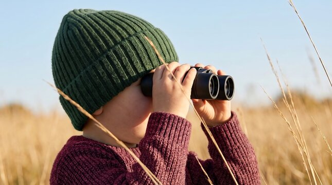 Child in green knit hat looking through binoculars in golden grass field under blue sky, curious kid exploring nature, outdoor adventure, discovery and autumn childhood concept