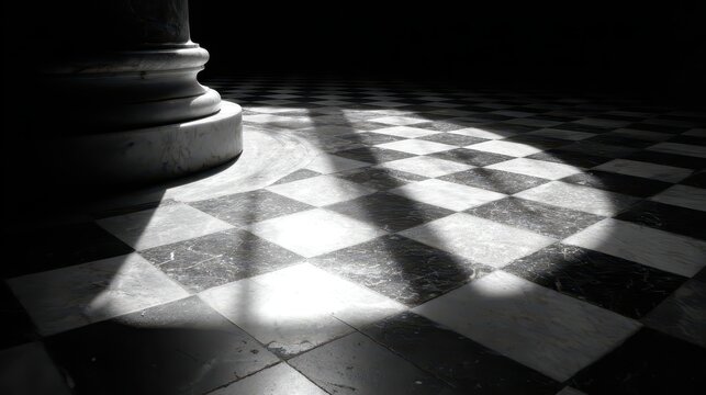 Sunlight illuminates a marble column base and checkered floor tiles in a dark room. This creates a dramatic atmosphere, useful for abstract or architectural concepts.