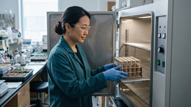 Seed technician places sealed grain samples in a drydown storage unit