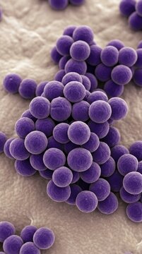 Microscopic coccus formation: staphylococcus agent, bacterial pathogen, purple cell, medical microbiology, infectious process, cellular organism, disease cause.