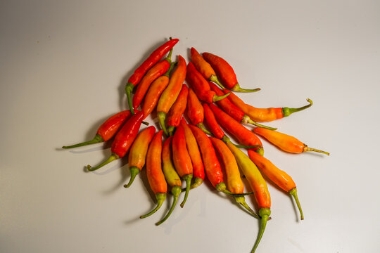 Fresh chili peppers in red, orange, and yellow hues