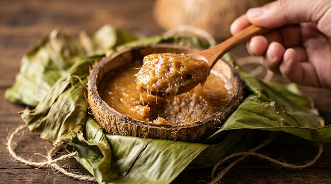 Closeup of Hand Lifting Thick Golden Brown Coconut Caramel Dessert Mixture with Wooden Spoon from Coconut Shell Bowl on Banana Leaves