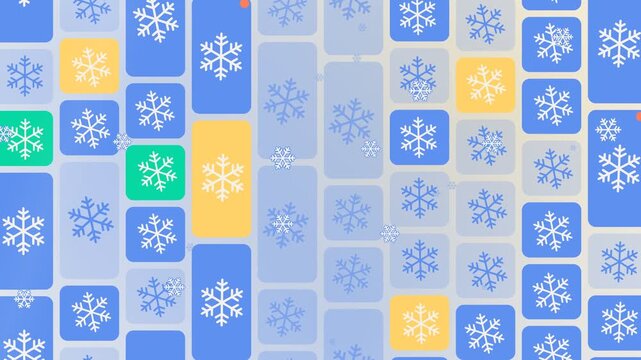 Snowflake pattern blue yellow winter tiles with smooth flowing motion in a seamless loop animation