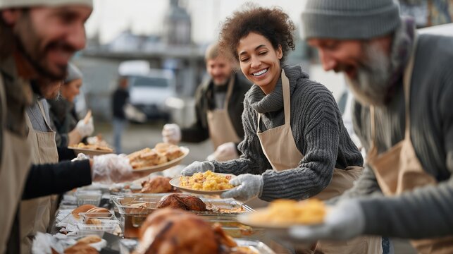African American woman volunteer smiles while serving food at outdoor community meal event during Thanksgiving season, embodying spirit of giving and togetherness