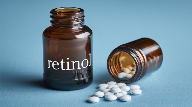 Amber glass medicine bottle labeled retinol with white supplement pills scattered on blue surface representing skincare vitamins and antiaging health routine