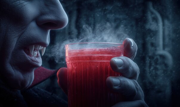 Pale vampire with sharp fangs holds steaming glass of crimson liquid in dark atmospheric setting. Gothic horror creature sips mysterious blood red drink during Halloween night. Supernatural fantasy