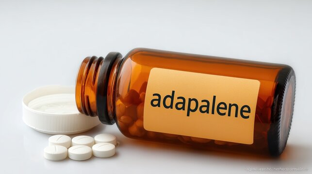 Amber glass medicine bottle labeled adapalene tipped over with white round pills spilling out on neutral gray surface representing pharmaceutical healthcare and dermatology treatment