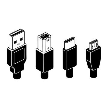 Usb cable connectors types black and white isometric vector illustration