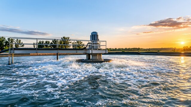 Industrial water aeration system in sewage treatment plant at sunset
