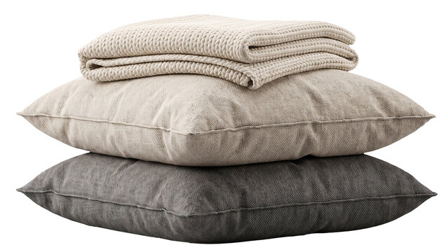 Stack of Dark Gray Pillows and Folded Knitted Blanket Isolated on Transparent Background, Cozy Bedding and Sofa Decor