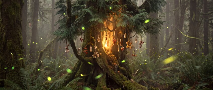 Magical forest scene with glowing fireflies