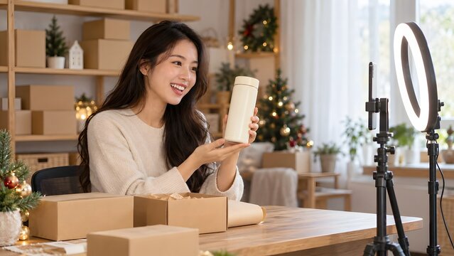 Asian online seller livestreaming a year-end sale with ring light and phone