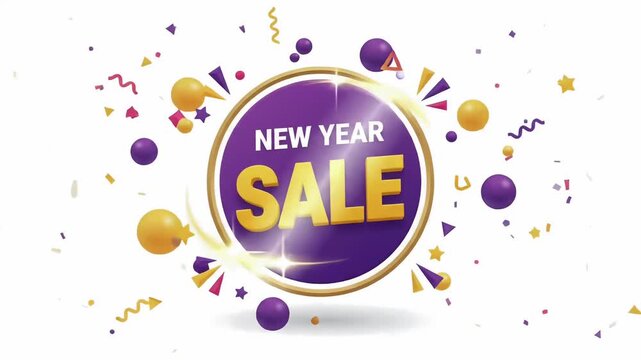 New Year Sale Discount Promotion Gold Purple Badge Confetti 3D Render Motion Graphic Background
