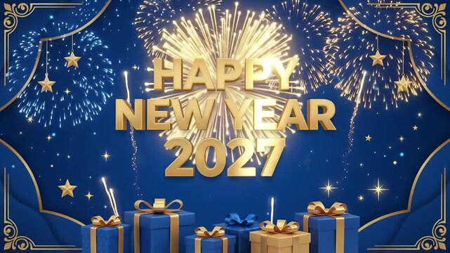 Happy New Year 2027 Celebration Party Fireworks Gold Gift Box 3D Render Motion Graphic Background
