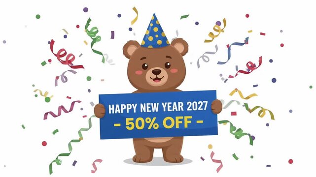Happy New Year 2027 Sale 50% Off Discount Promotion Bear Confetti 2D Animation Motion Graphic Loop
