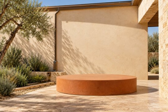 Terracotta Product Podium in Mediterranean Rainwater Harvesting Courtyard