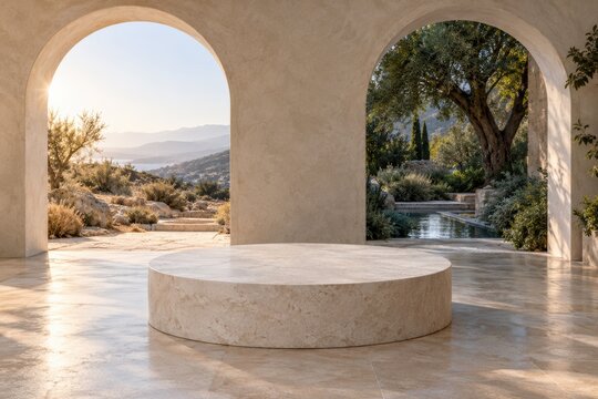 Climate Adaptation Product Stage Between Dry Landscape and Cool Garden Arches