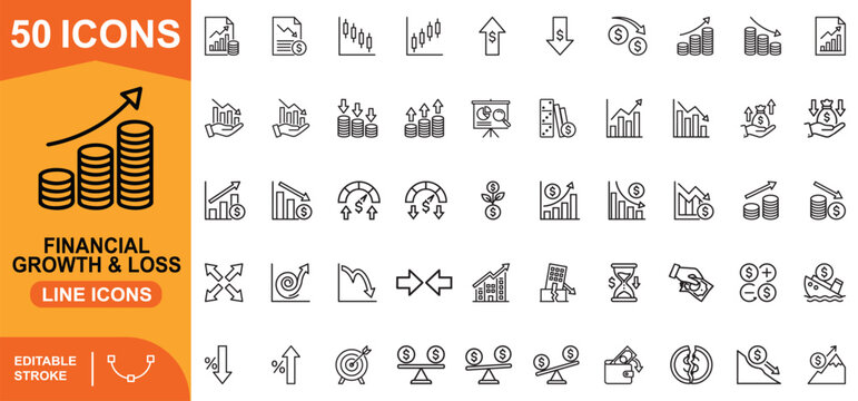 Financial growth and loss line icons set, business profit and investment decline vector illustrations