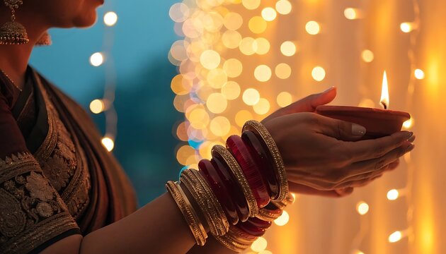 Woman holding traditional clay oil lamp for diwali festival celebration with diya indian lig