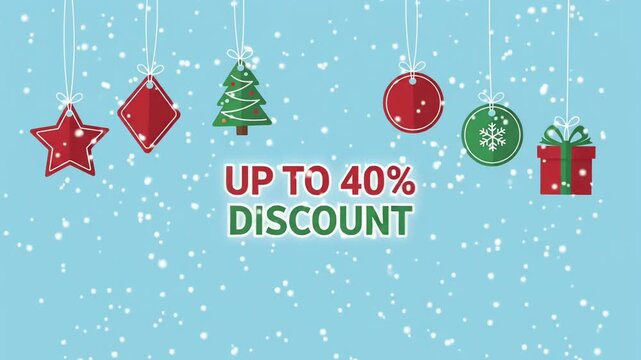 Christmas Discount Sale 50% Off Promotion Hanging Price Tag Snow 2D Animation Motion Graphic Loop
