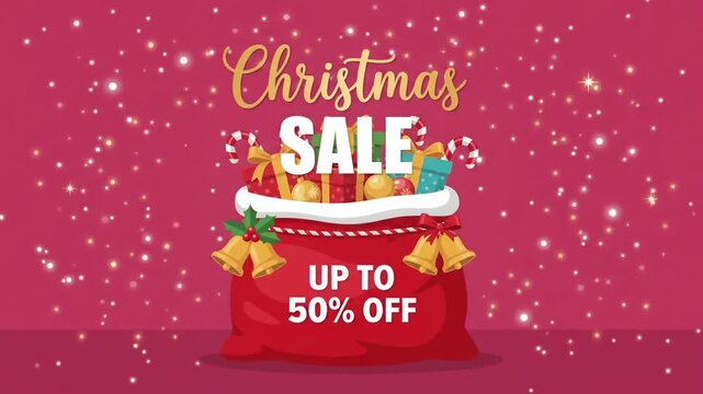 Christmas Sale 50% Off Discount Promotion Santa Sack Gift Bell 2D Animation Motion Graphic Loop
