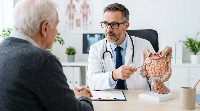 A male doctor explains the human large and small intestines to a senior patient using a detailed anatomical model in a clinic.