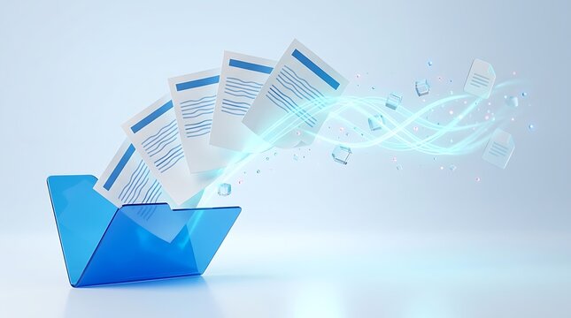 Blue folder with documents flying out, representing data transfer and information management with abstract digital waves and cubes for cloud storage concept.