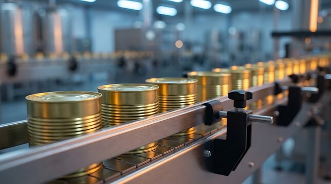 Stacked golden canned food products moving on a conveyor belt in a bright industrial factory for mass production and food processing packaging line.