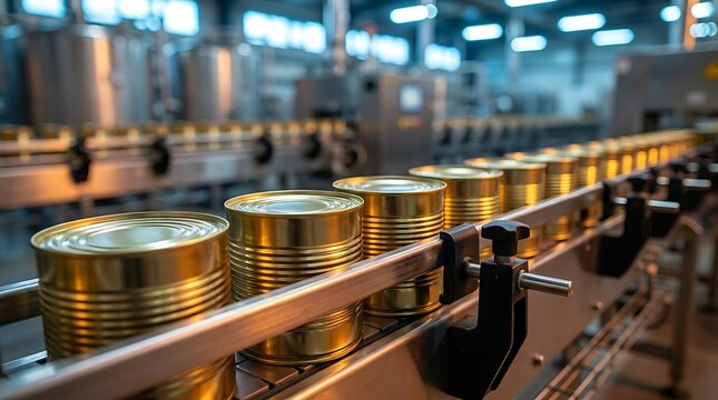 A high-angle view of canned food products traveling on a stainless steel conveyor belt system within modern industrial facility.