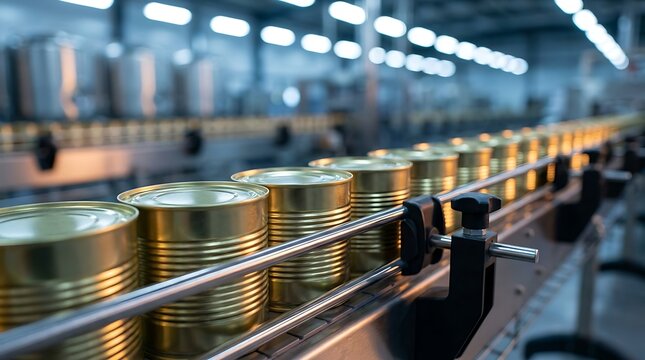 Row of golden canned food products moving on a conveyor belt in a brightly lit industrial factory for mass production and food processing packaging line.