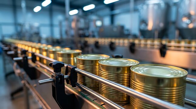A close-up view of canned food products traveling on a stainless steel conveyor belt system within modern industrial facility.