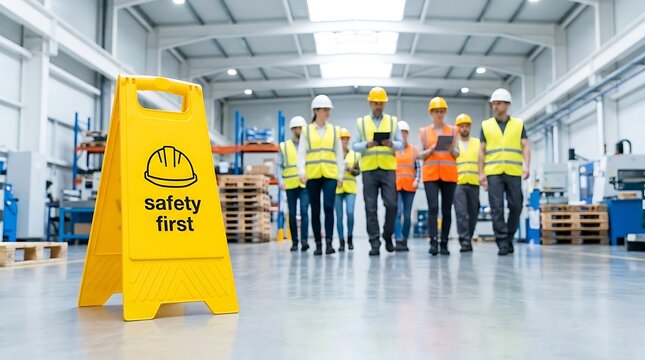 Yellow safety first warning sign stands in foreground of modern industrial warehouse as workers in reflective vests and hard hats walk through factory floor.
