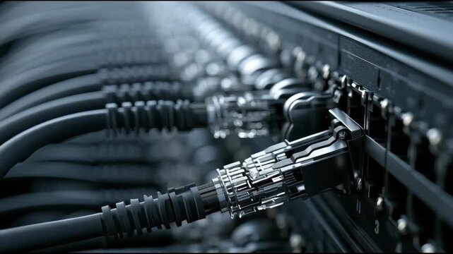 Ethernet cables plug into network switches inside a data center rack as indicator lights show equipment running.