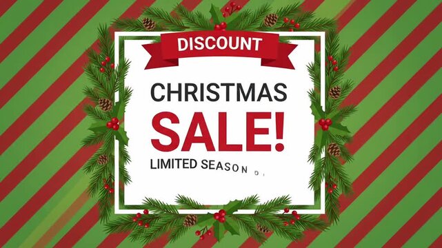 Christmas Discount 50% Limited Season Offer Sale Promo Pine Wreath Gift 2D Animation Motion Graphic Background Loop

