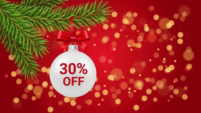 30% Off Christmas Sale Discount Promotion White Ornament Pine Branch Red Bokeh Motion Graphic Background Loop
