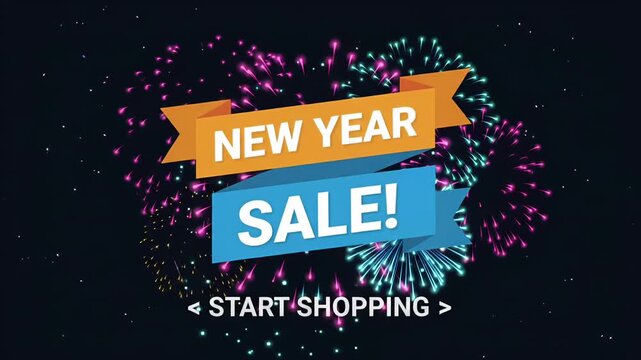 New Year Sale Start Shopping promo discount offer fireworks animation motion graphic loop
