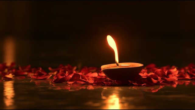 A small oil lamp burns among flower petals on a reflective surface indoors, with its flame changing shape over time.